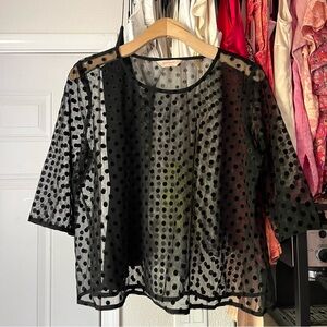 GORMAN black dot polka fishnet knit mesh burnout velvet short sleeve top shirt